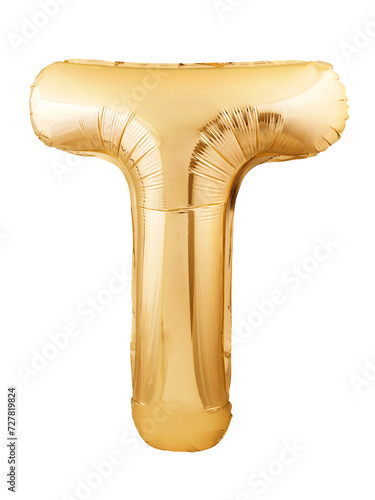 Rose gold letter T made of inflatable balloon isolated on white background