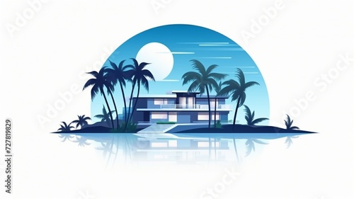 House modern hotel design with palm trees and beach vacation on white background. Beauty view house building moonlight day logo design