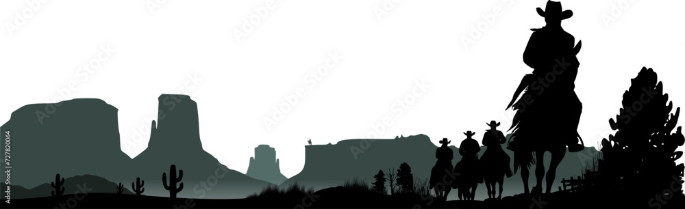 Vektor Western Silhouetten - USA Landschaft Wildwest - 4 Männer mit Cowboyhüten reiten auf Pferden 