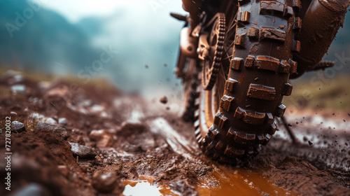 The off-road bike wheel, covered in mud, spun rapidly as the off-road vehicle navigated through the rugged terrain photo
