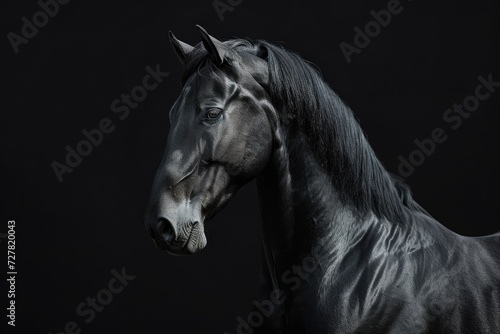 A black horse standing in a dark room. Suitable for equestrian themes or mysterious settings © Fotograf