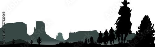 Vektor Western Silhouetten - USA Landschaft Wildwest - 4 Männer mit Cowboyhüten reiten auf Pferden 