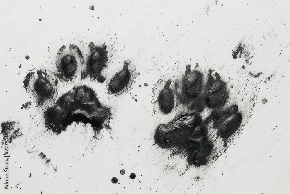 A black and white photo capturing the distinctive paw prints of a dog. This image can be used to depict the presence of a dog or to symbolize a pet's journey