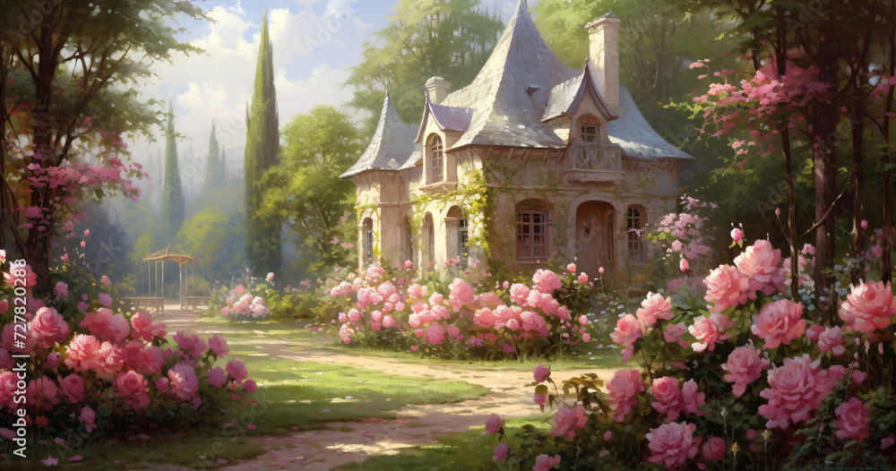 Obraz premium A beautiful garden near a beautiful house in which roses grow.lilies.and other flowers.