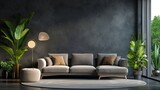 Elegant living room with stylish sofa, modern coffee table, and lush plants near the window