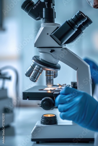 A close-up view of a person looking through a microscope. This image can be used to depict scientific research, laboratory work, or education