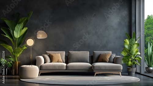 Elegant living room with stylish sofa, modern coffee table, and lush plants near the window © Nadzeya