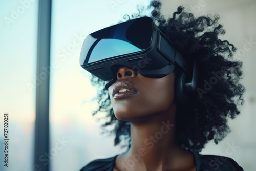 A woman is pictured wearing a virtual reality headset in front of a window. This image can be used to illustrate concepts related to technology, virtual reality, gaming, or entertainment