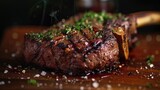A high-quality steak is displayed on a rustic wooden cutting board, accompanied by a sharp knife. Perfect for food enthusiasts or culinary professionals.
