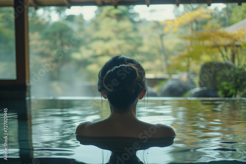 温泉に入る女性の後姿　日本の旅館イメージ photo