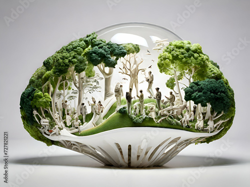 Organic Art Design ESG eco, people, wildlife, in the light bulb in light white Background. environmental social governance and sustainable, clean energy photo