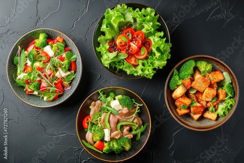 Three bowls of food arranged neatly on a table. Perfect for food-related projects or restaurant promotions
