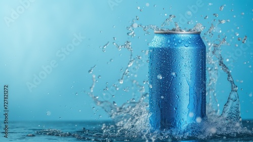 Blue aluminum soda can with water splash for beverage product concept. AI generated