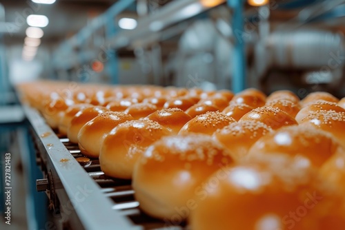 A conveyor belt filled with delicious doughnuts. Perfect for use in food industry promotions or bakery advertisements