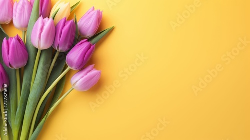 Pink Tulip Bouquet on Yellow Background with Copy Space. Mother's Day Greeting Card. Women's Day Celebration.