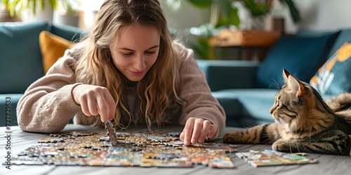Young woman engages in puzzle game with her tabby cat at home. indoor relaxation activity. casual style, leisure time. AI