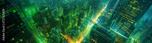 A Hi-Tech Cyberpunk Green Neon City 