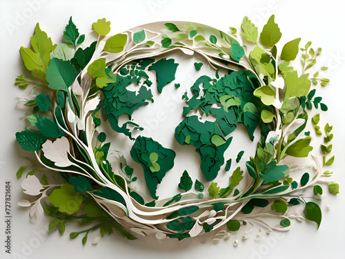 Organic Art Design Earth Day in white Background. Nature, trees and green leaves. intricate details. photo