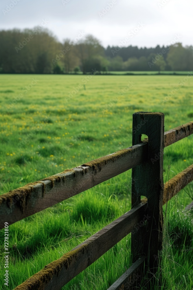 A picture of a wooden fence in a field of green grass. Suitable for rural or nature-themed designs