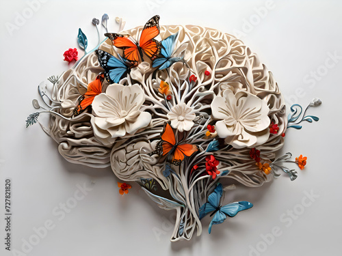 Organic Art Design brain with flower and butterflies, in white Background.  photo