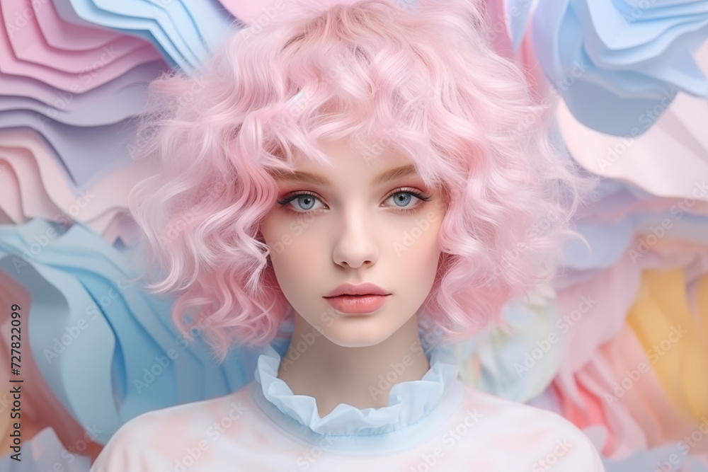 Artistic portrait of a young woman with doll-like features and curly pastel pink hair against a multicolored pastel background.