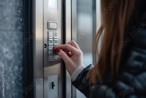 Close up of a person pressing a button on an elevator. Perfect for illustrating concepts related to technology, transportation, and modern convenience