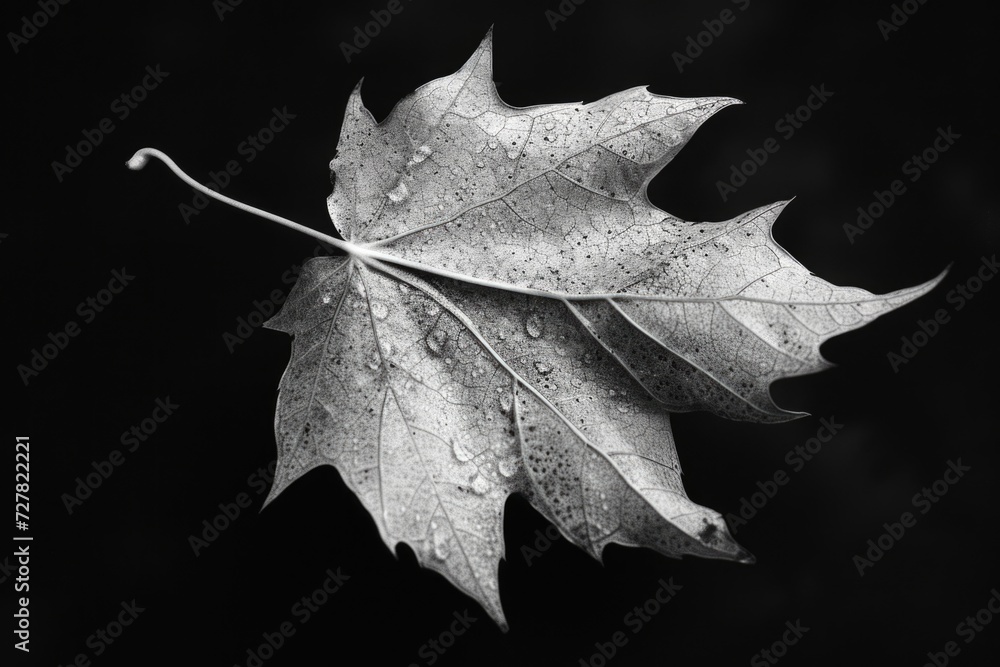 Fototapeta premium A black and white photo of a leaf covered in water droplets. Can be used to depict nature, rain, or the beauty of simplicity