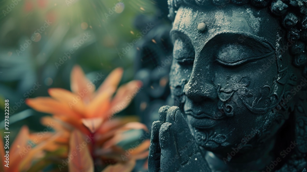 A close-up view of a statue with a beautiful flower in the background. This image can be used to add a touch of elegance and nature to various design projects