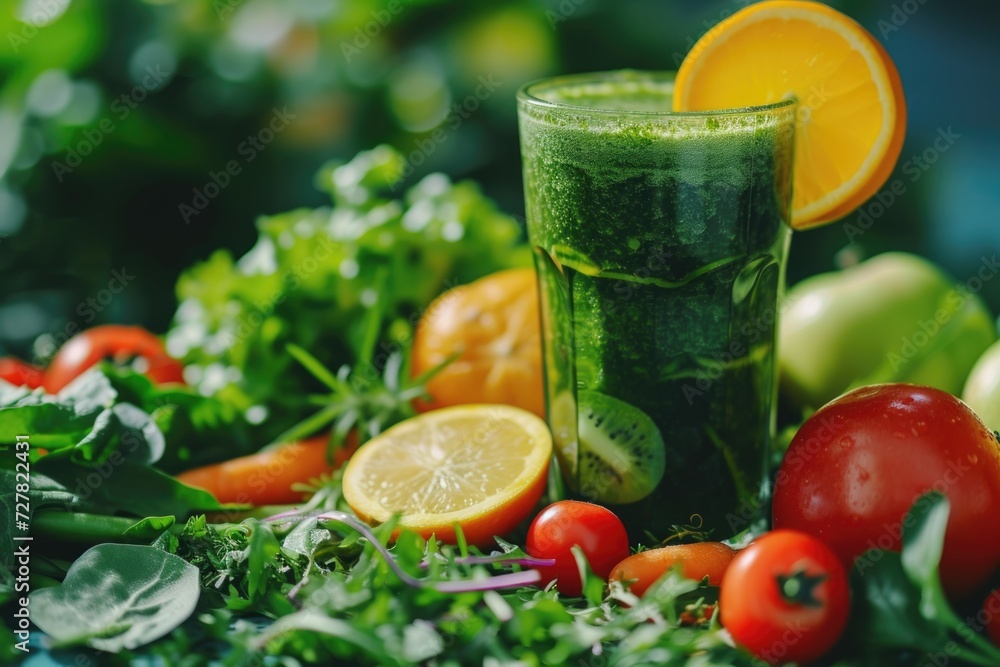 A refreshing glass of green juice surrounded by a variety of colorful vegetables and fruits. Perfect for promoting a healthy lifestyle or illustrating the benefits of a balanced diet A refreshing glass of green juice surrounded by a variety of colorful vegetables and fruits. Perfect for promoting a healthy lifestyle or illustrating the benefits of a balanced diet