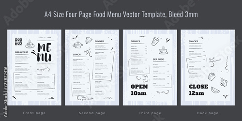 Restaurant cafe menu, template design, A4 size four page food menu template, Bleed 3mm