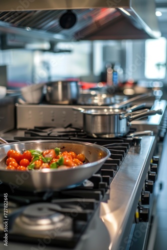 A frying pan filled with vegetables sitting on top of a stove. Suitable for cooking and healthy eating concepts