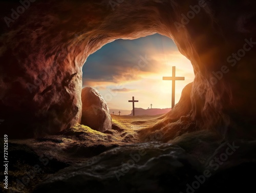 Crucifixion and Resurrection. Empty tomb of Jesus with crosses in the background. Easter or Resurrection concept. He is Risen.