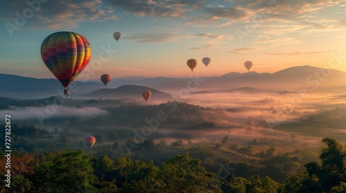 Hot Air Balloons Floating Over Majestic Mountains at Enchanting Sunrise