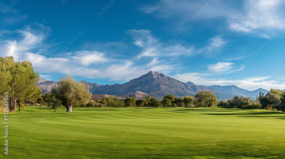 Scenic Golf Course with Lush Green Fairways and Mountainous Landscape