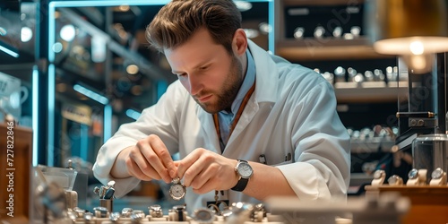 Dedicated craftsman meticulously repairing a watch. the focus and precision of skilled labor. professional watchmaker at work. crafting excellence. AI photo