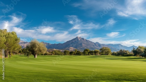 Scenic Golf Course with Lush Green Fairways and Mountainous Landscape