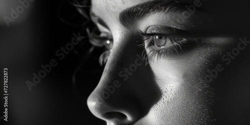 A captivating black and white close-up photo of a woman's eyes. Ideal for conveying emotions, beauty, and mystery.