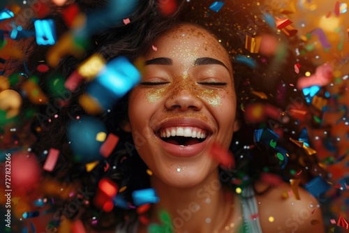 A joyful woman captured in a moment of laughter, surrounded by colorful confetti. Perfect for celebrations and capturing the essence of happiness
