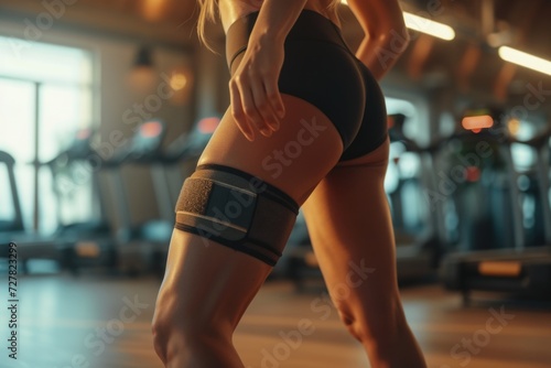 A woman wearing a knee brace is seen in a gym. This image can be used to depict fitness, injury, rehabilitation, or physical therapy