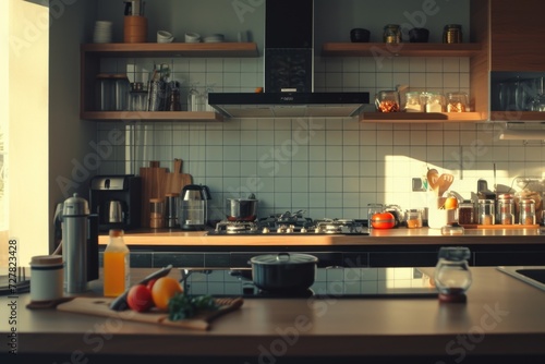 A picture of a kitchen featuring a stove top oven and wooden shelves. This image can be used to showcase a modern kitchen design or for illustrating cooking and baking concepts