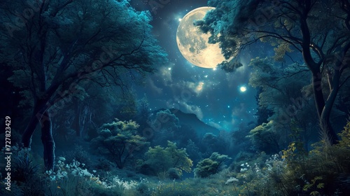 An exquisite woodland charmed by a story  illuminated by a large moon that highlights the lush greenery and trees.