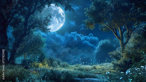 An exquisite woodland charmed by a story, illuminated by a large moon that highlights the lush greenery and trees.