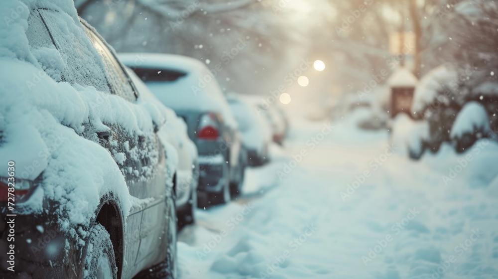 A row of parked cars covered in snow. Perfect for winter-themed designs and illustrations