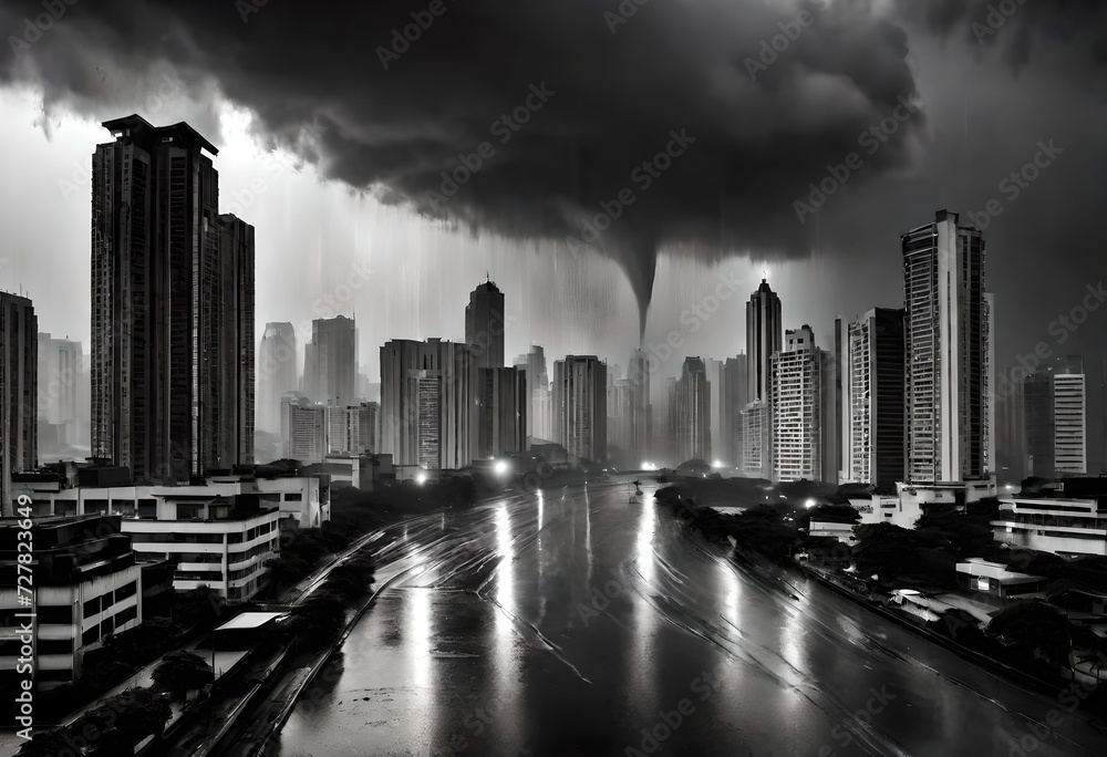 The image is actually a black and white photo of a city skyline during a heavy rain storm.  Dark, dramatic clouds fill the sky above the city, and rain streaks down the windows of the skyscrapers.