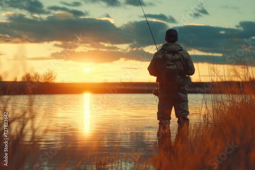 A man is seen fishing in a serene lake at sunset. This picture can be used to depict relaxation, nature, and outdoor activities