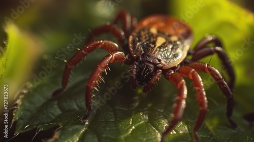 A close-up photograph of a spider sitting on a leaf. This image can be used to illustrate nature, wildlife, or macro photography.