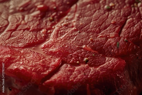 A close up view of a piece of meat on a cutting board. Perfect for showcasing the details and textures of meat. Can be used in culinary articles, cooking blogs, or butcher shop advertisements