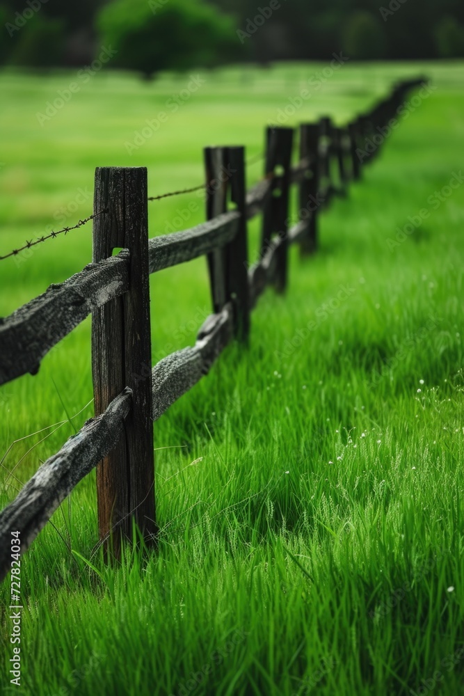 Fototapeta premium A wooden fence standing in the middle of a serene grassy field. Perfect for nature and rural themes