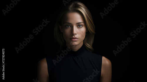 A beautiful woman in black clothes on a black background