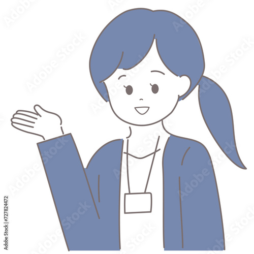 ジャケットの女性が手のひらを上に向けて案内をしているイラスト